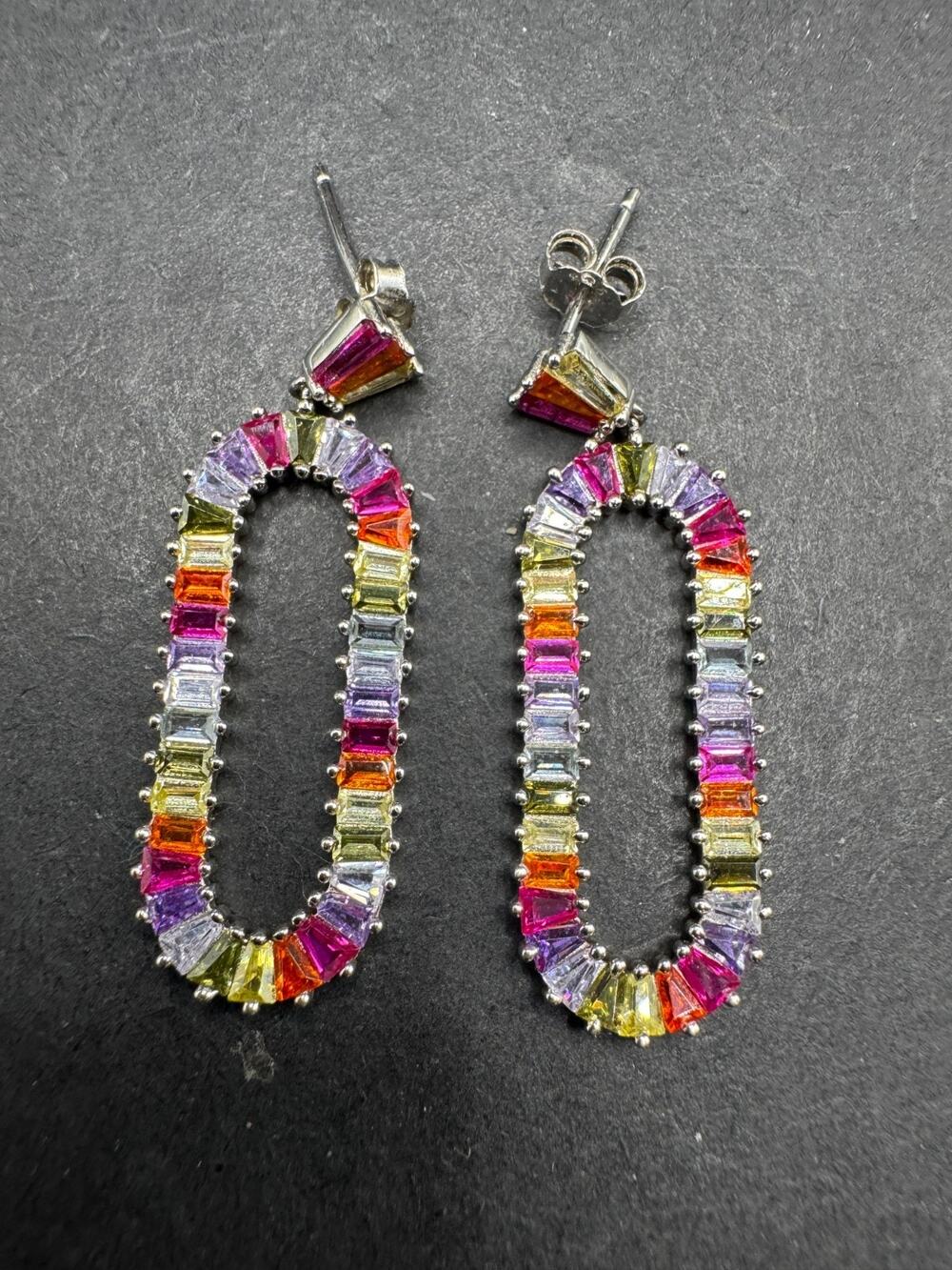 925 Solid Sterling Silver Stud Drop Dangle Earrings Rainbow Multicolor Earrings